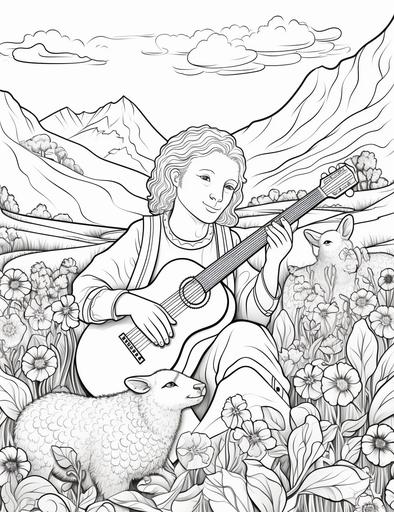 coloring book pages, Draw a peaceful landscape with a meadow and some sheep and a shepherd playing a flute ,cartoon styles, thick lines, low detail, no shading with black and white, --ar 85:110