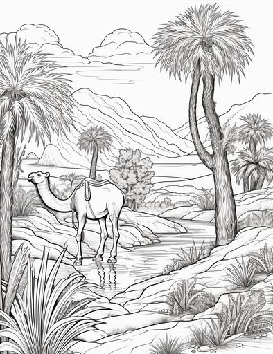 coloring book pages, Draw a peaceful landscape with a desert and some cacti and a camel resting under a palm tree ,cartoon styles, thick lines, low detail, no shading with black and white, --ar 85:110