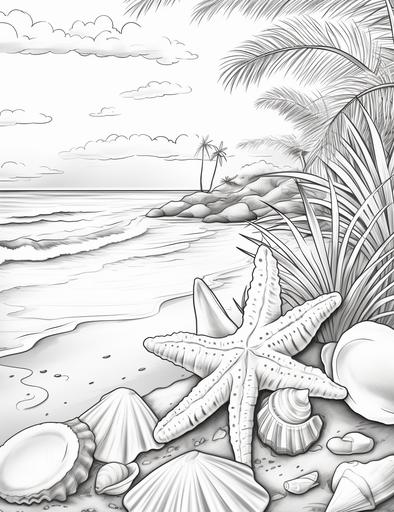 coloring book pages, Draw a peaceful landscape with a beach and some seashells and a starfish and a coconut drink ,cartoon styles, thick lines, low detail, no shading with black and white, --ar 85:110
