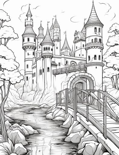 coloring book pages, Draw a peaceful landscape with a castle and some flags and a moat and a bridge ,cartoon styles, thick lines, low detail, no shading with black and white, --ar 85:110