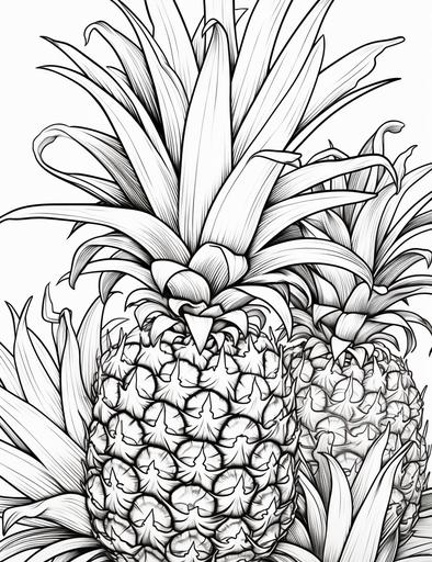 coloring book pages, Draw a pineapple garden full of fruit , cartoon styles, thick lines, low detail, no shading, --ar 85:110