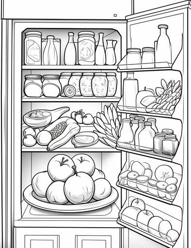 coloring book pages, Draw a refrigerator filled with food , cartoon styles, thick lines, low detail, no shading, --ar 85:110