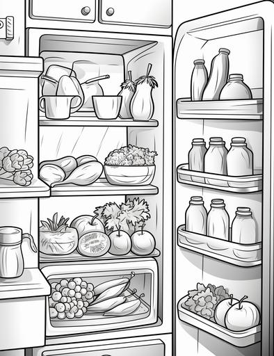coloring book pages, Draw a refrigerator filled with food , cartoon styles, thick lines, low detail, no shading, --ar 85:110