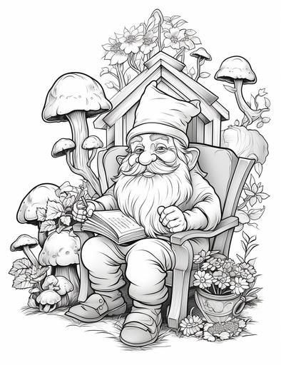 coloring book pages, Draw a scene of a cozy cottage surrounded by a colorful garden and a small pond, The cottage belongs to a friendly gnome who likes to grow flowers and herbs. He is sitting on a rocking chair on the porch, reading a book and sipping tea, cartoon styles, thick lines, low detail with white background, no shading with black and white, --ar 85:110