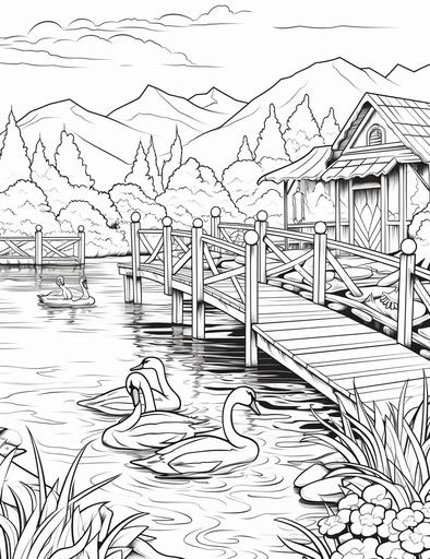 coloring book pages, Draw a scene of a serene lake near the village. The lake is clear and calm, and reflects the sky and the mountains. There are swans, ducks, and fish in the lake, and lilies and reeds on the shore. There is a wooden pier with a boat and a fishing rod. A young couple is sitting on the pier, holding hands and watching the sunset ,cartoon styles, thick lines, low detail with white background, no shading with black and white, --ar 85:110