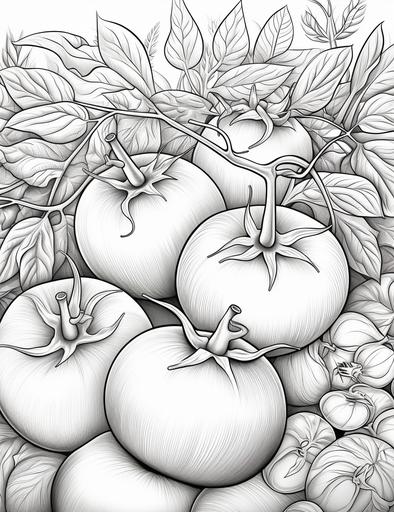 coloring book pages, Draw a tomato garden full of fruit , cartoon styles, thick lines, low detail, no shading, --ar 85:110