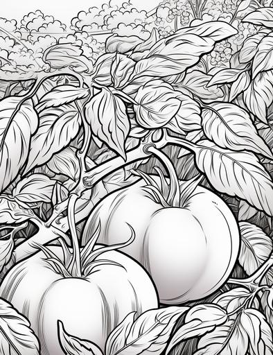 coloring book pages, Draw a tomato garden full of fruit , cartoon styles, thick lines, low detail, no shading, --ar 85:110