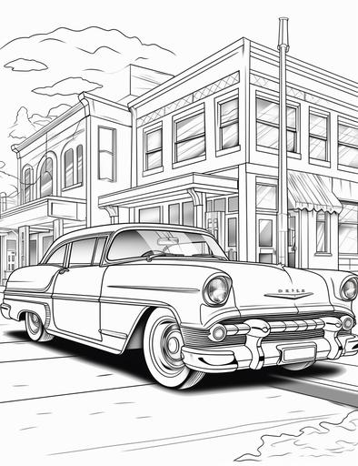 coloring book pages, Draw some vintage cars from the 1950s , cartoon styles, thick lines, low detail, no shading, --ar 85:110
