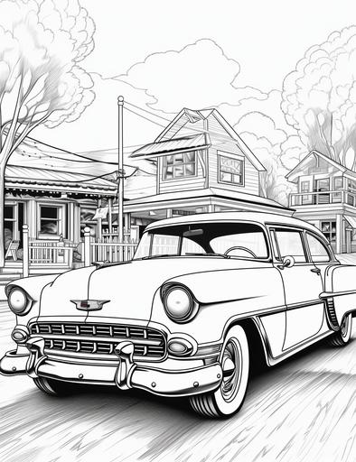 coloring book pages, Draw some vintage cars from the 1950s , cartoon styles, thick lines, low detail, no shading, --ar 85:110