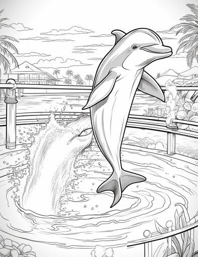 coloring book pages, Drawing of a dolphin jumping out of the pool, happy face, cartoon styles, thick lines, low detail, no shading, --ar 85:110
