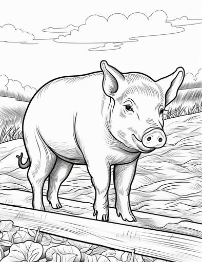 coloring book pages, Drawing of a pig eating bran on a farm , cartoon styles, thick lines, low detail, no shading, --ar 85:110