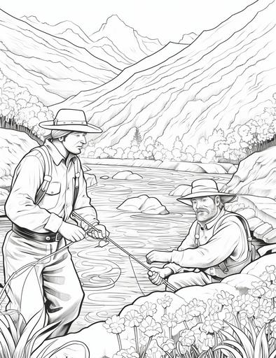 coloring book pages, Drawing of two fishermen catching fish in the river , cartoon styles, thick lines, low detail, no shading, --ar 85:110