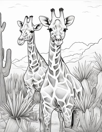 coloring book pages, Drawing of two giraffes eating leaves in the desert , cartoon styles, thick lines, low detail, no shading, --ar 85:110