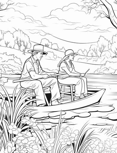 coloring book pages, Drawing of two people sitting on a boat fishing on a river , cartoon styles, thick lines, low detail, no shading, --ar 85:110