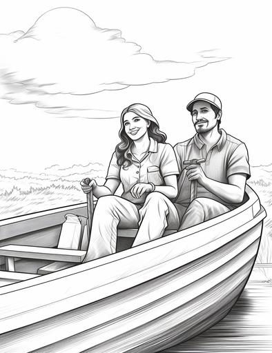 coloring book pages, Drawing of two people sitting on a boat fishing on a river , cartoon styles, thick lines, low detail, no shading, --ar 85:110