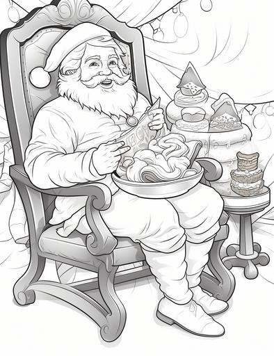coloring book pages, Santa Claus drinking milk and eating cookies on a rocking chair, cartoon styles, low detail, no shading, --ar 85:110