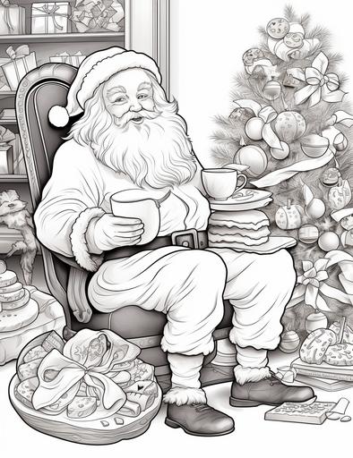 coloring book pages, Santa Claus drinking milk and eating cookies on a rocking chair, cartoon styles, low detail, no shading, --ar 85:110