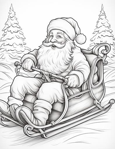 coloring book pages, Santa Claus driving a sleigh on a white snow road, cartoon styles, low detail, no shading, --ar 85:110