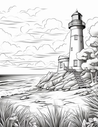 coloring book pages, a beach with a lighthouse and a boat, cartoon styles, low detail, no shading, --ar 85:110