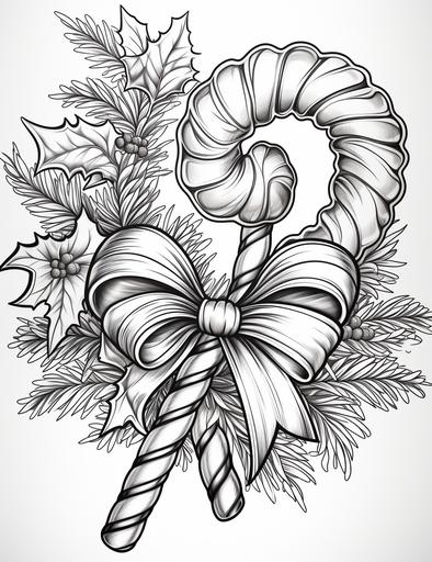 coloring book pages, a candy cane with a bow and a holly leaf, cartoon styles, low detail, no shading, --ar 85:110