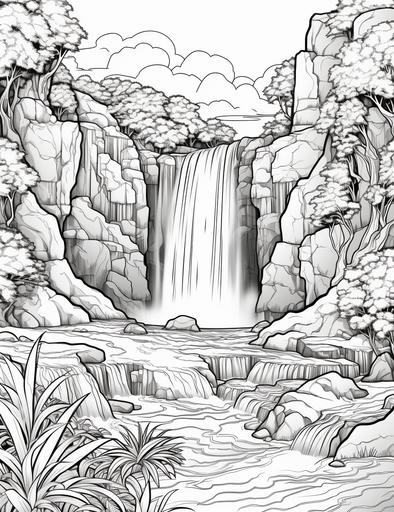 coloring book pages, a colorful waterfall in a cave,cartoon styles, thick lines, low detail with white background, no shading with black and white, --ar 85:110