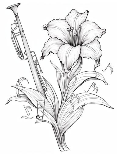coloring book pages, a daffodil with a trumpet and a music note, cartoon styles, thick lines, low detail, no shading with black and white, --ar 85:110