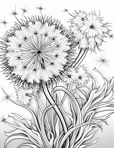 coloring book pages, a dandelion with a wish and a feather, cartoon styles, thick lines, low detail, no shading with black and white, --ar 85:110