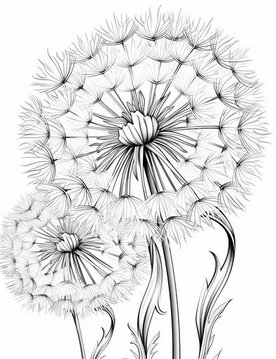 coloring book pages, a dandelion with a wish and a feather, cartoon styles, thick lines, low detail, no shading with black and white, --ar 85:110