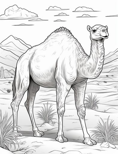 coloring book pages, a desert with a cactus and a camel, cartoon styles, low detail, no shading, --ar 85:110
