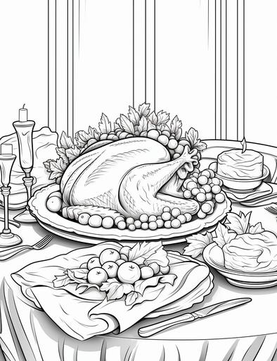 coloring book pages, a festive table with a turkey and a pie, cartoon styles, low detail, no shading, --ar 85:110