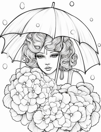 coloring book pages, a hydrangea with a raindrop and a umbrella, cartoon styles, thick lines, low detail, no shading with black and white, --ar 85:110