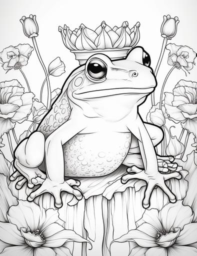 coloring book pages, a lily with a frog and a crown, cartoon styles, thick lines, low detail, no shading with black and white, --ar 85:110