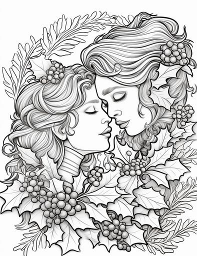coloring book pages, a mistletoe with a ribbon and a kiss, cartoon styles, low detail, no shading, --ar 85:110