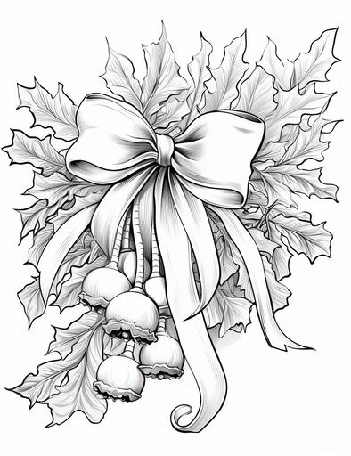 coloring book pages, a mistletoe with a ribbon and a kiss, cartoon styles, low detail, no shading, --ar 85:110