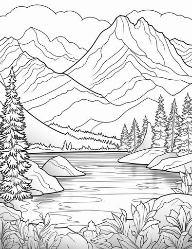 coloring book pages, a mountain range with a lake and a sunset, cartoon styles, low detail, no shading, --ar 85:110