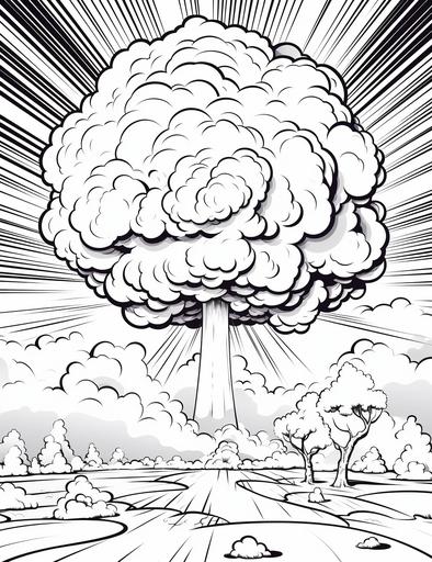 coloring book pages, a mushroom cloud from a nuclear explosion, cartoon styles, low detail, no shading, --ar 85:110