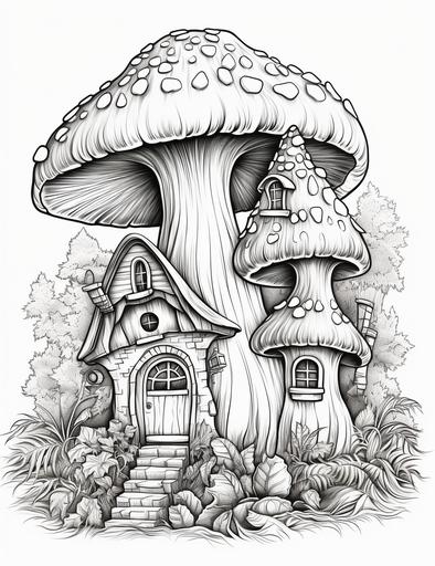 coloring book pages, a mushroom house with a chimney and a door, cartoon styles, low detail, no shading, --ar 85:110
