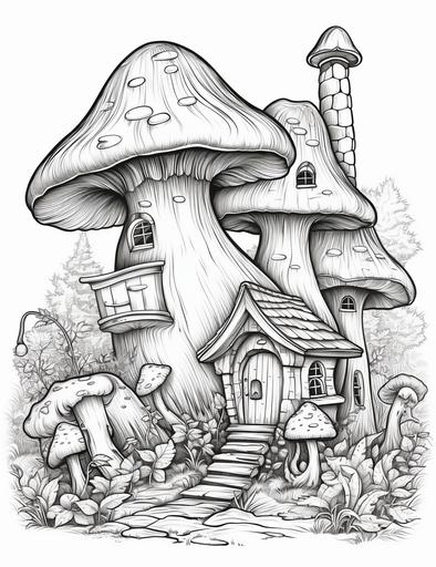 coloring book pages, a mushroom house with a chimney and a door, cartoon styles, low detail, no shading, --ar 85:110