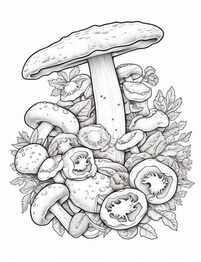 coloring book pages, a mushroom pizza with cheese and pepperoni, cartoon styles, low detail, no shading, --ar 85:110