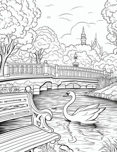 coloring book pages, a park with a pond and a swan, cartoon styles, low detail, no shading, --ar 85:110