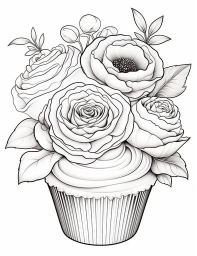 coloring book pages, a ranunculus with a cupcake on it, cartoon styles, thick lines, low detail, no shading with black and white, --ar 85:110