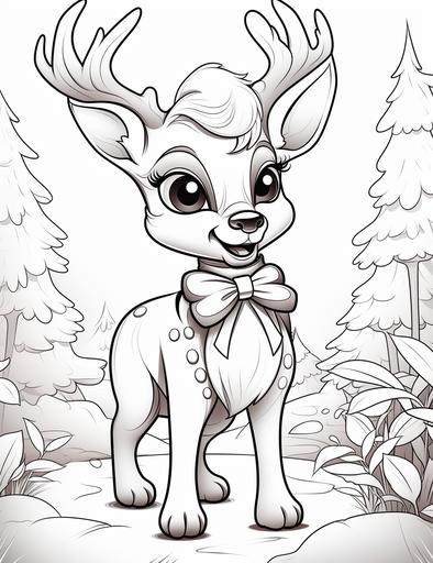 coloring book pages, a reindeer with a red nose and a bow, cartoon styles, low detail, no shading, --ar 85:110