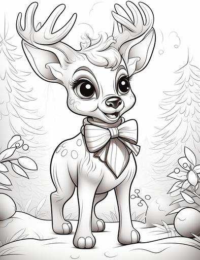 coloring book pages, a reindeer with a red nose and a bow, cartoon styles, low detail, no shading, --ar 85:110