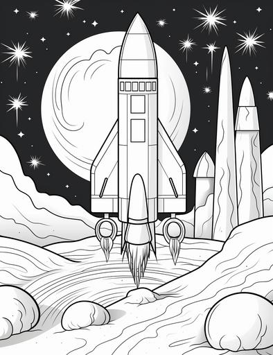 coloring book pages, a space with a planet and a rocket, cartoon styles, low detail, no shading, --ar 85:110