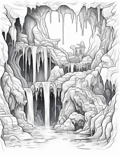 coloring book pages, a waterfall flowing through diamonds in a gemstone cave ,cartoon styles, thick lines, low detail with white background, no shading with black and white, --ar 85:110