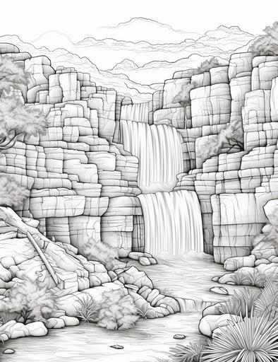 coloring book pages, a waterfall flowing through large rocks in the desert ,cartoon styles, thick lines, low detail with white background, no shading with black and white, --ar 85:110