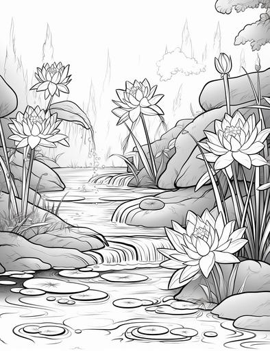 coloring book pages, a waterfall flowing through lotus flowers on the lake surface ,cartoon styles, thick lines, low detail with white background, no shading with black and white, --ar 85:110