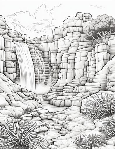 coloring book pages, a waterfall flowing through large rocks in the desert ,cartoon styles, thick lines, low detail with white background, no shading with black and white, --ar 85:110