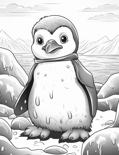 coloring book pages, drawing of a funny penguin playing in the snow, cartoon styles, thick lines, low detail, no shading, --ar 85:110