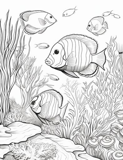 coloring book pages, lots of tropical fishes are wandering at the coral reef ,cartoon styles, thick lines, low detail with white background, no shading with black and white, --ar 85:110